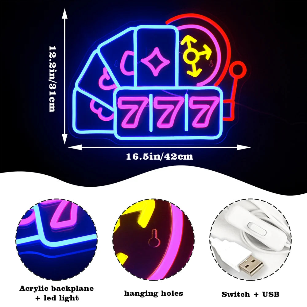 777 – Spelkort, kortfärger och roulettehjul – LED-neonskylt (5 V USB)
