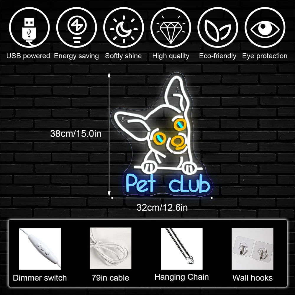 Pet Club – Hundansikte – LED-neonskylt (5 V USB)