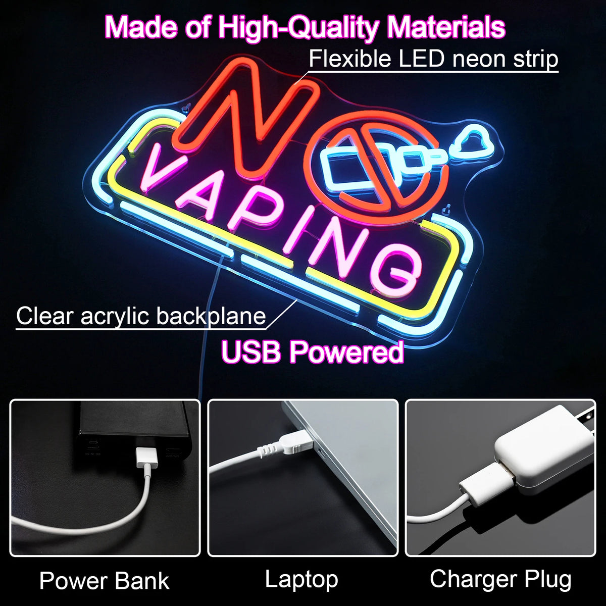 NO VAPING – Överstruken e-cigarett – LED-neonskylt (5 V USB)
