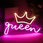 En livlig LED-neonskylt i form av ordet "Queen" visas.