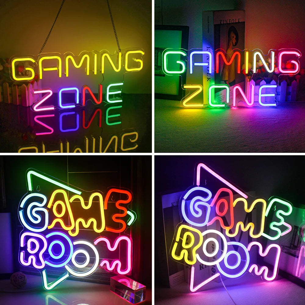 En levande och iögonfallande LED-neonskylt designad för spelare visas mot en mörk vägg.