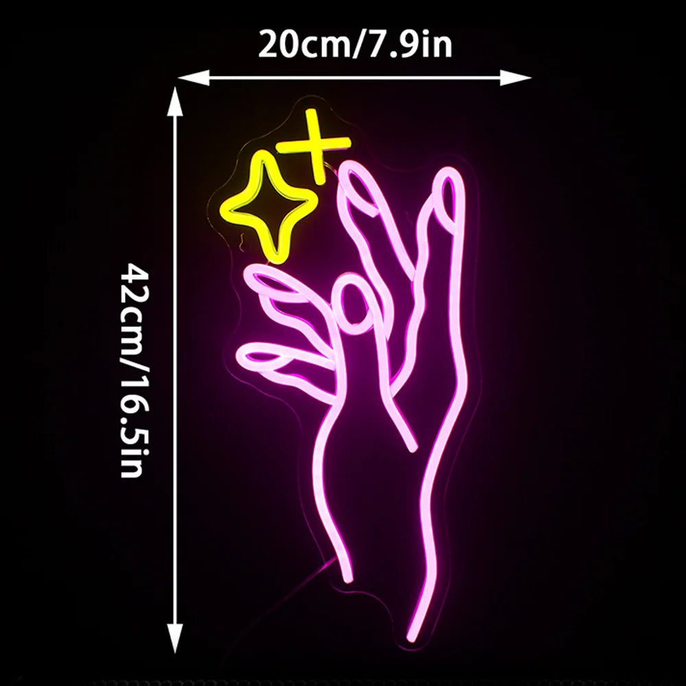 Hand och gul stjärna – LED-neonskylt (5 V USB)