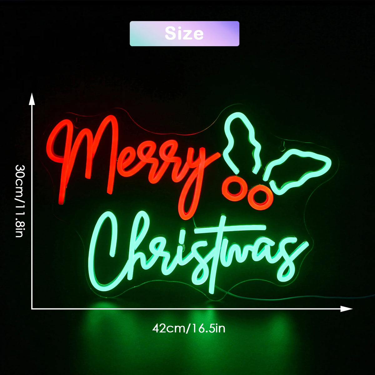 Merry Christmas – Julblad vid sidan – LED-neonskylt (5 V USB)