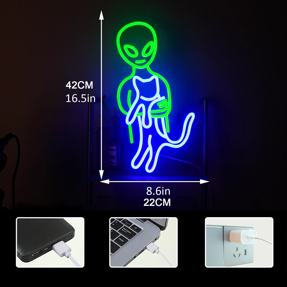 Grön utomjording – LED-neonskylt (5 V USB)