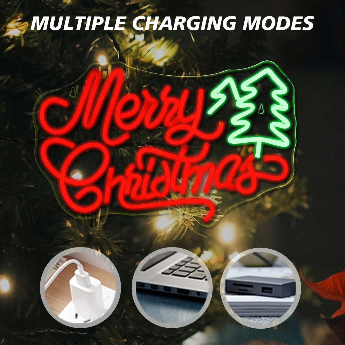 Merry Christmas – Julgran – LED-neonskylt (5 V USB)