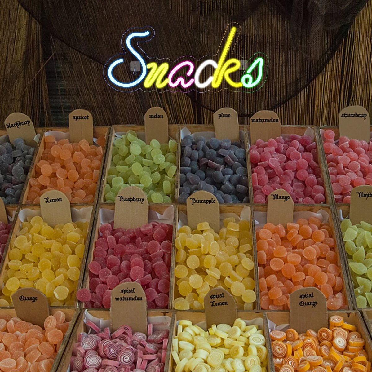 Snacks – Färgglada bokstäver – LED-ljusskylt (5 V USB)