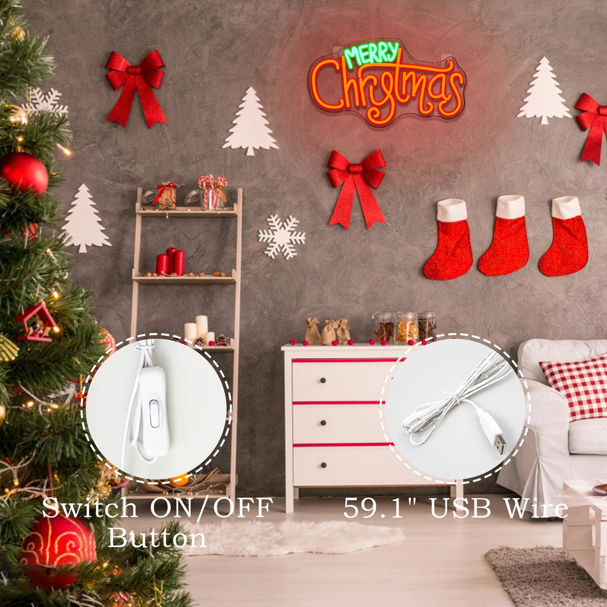 Merry Christmas – Skrivstil – LED-neonskylt (5 V USB)