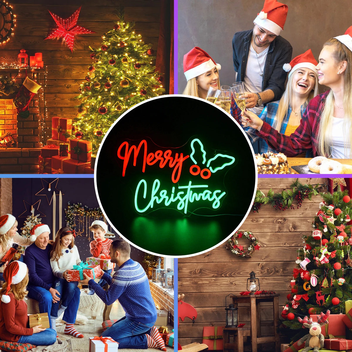 Merry Christmas – Julblad vid sidan – LED-neonskylt (5 V USB)