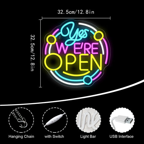 Yes We're Open – Rund ram – LED-ljusskylt (5 V USB)