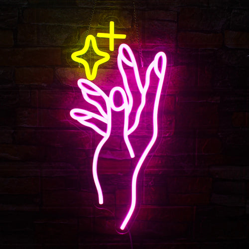 Bilden har en levande gul LED-neonskylt i form av en femuddig stjärna.