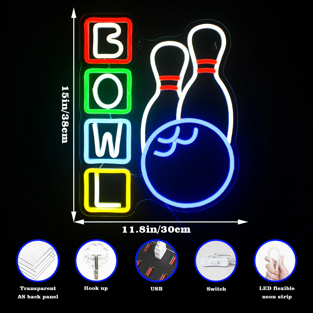 BOWL – Bowlingkäglor och klot – LED-neonskylt (5 V USB)