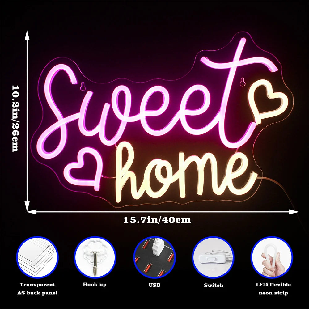 Sweet home – Hjärtan – LED-neonskylt (5 V USB)