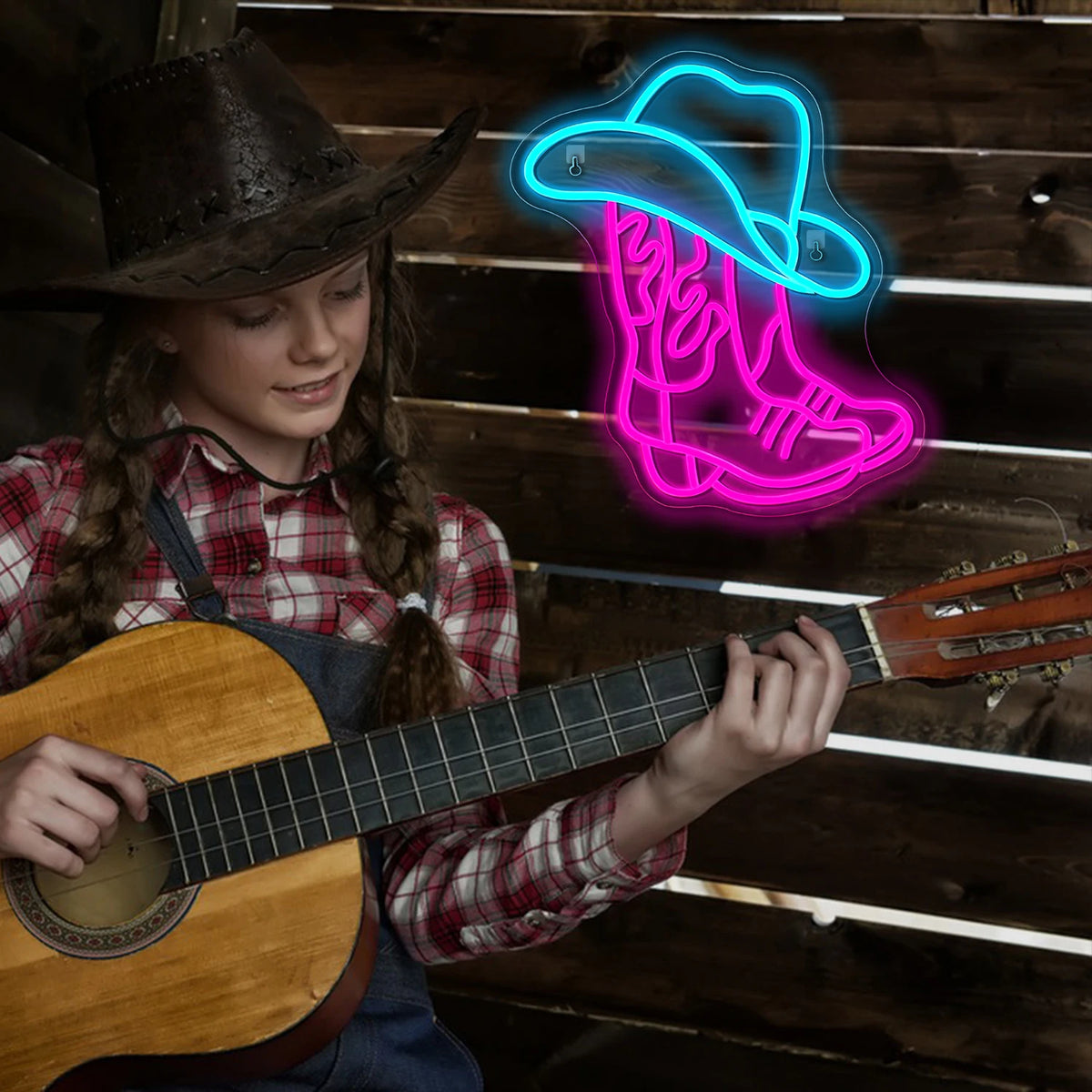 Cowboystövel och hatt – LED-neonskylt (5 V USB)