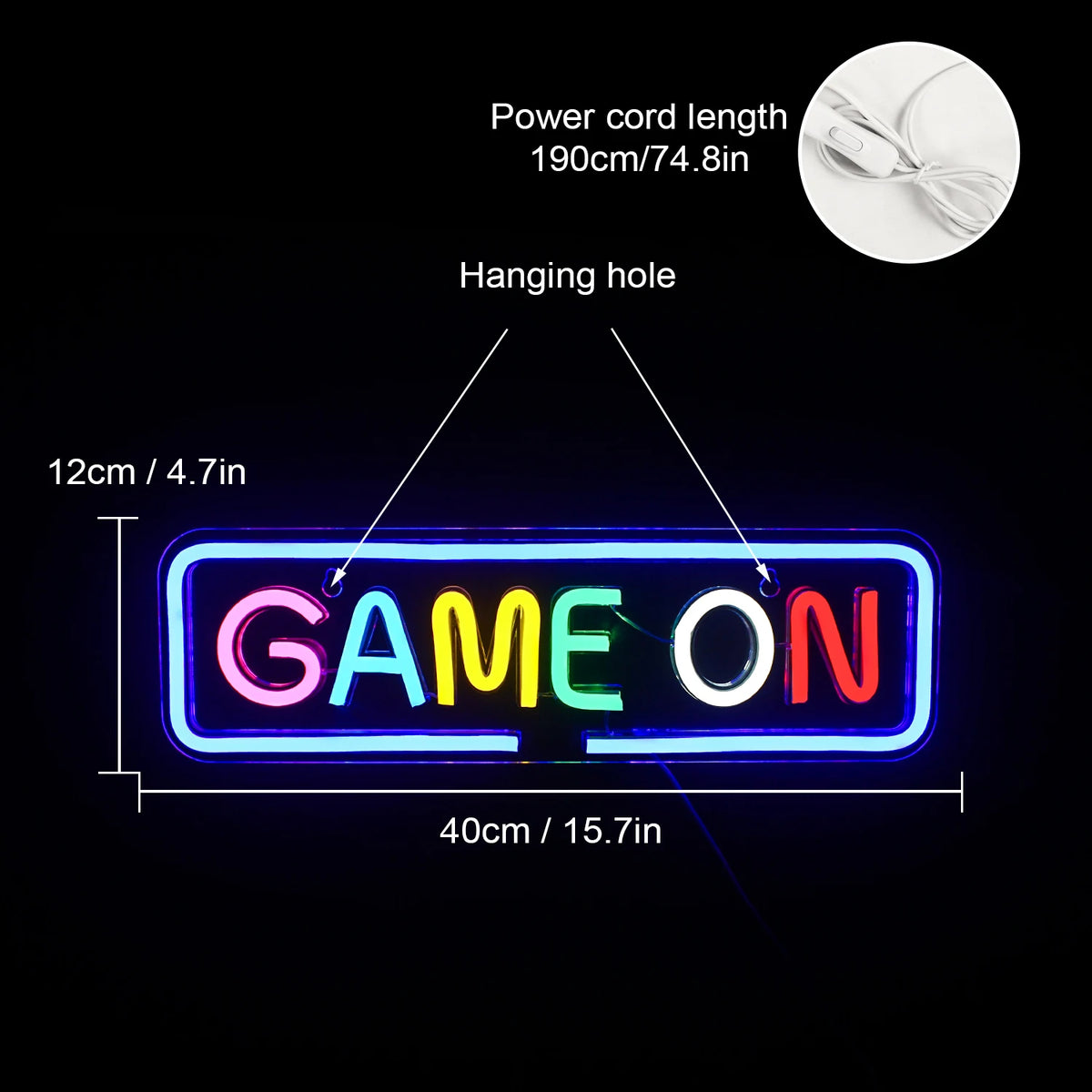 GAME ON – Färgglada bokstäver och rundad rektangulär ram – LED-neonskylt (5 V USB)