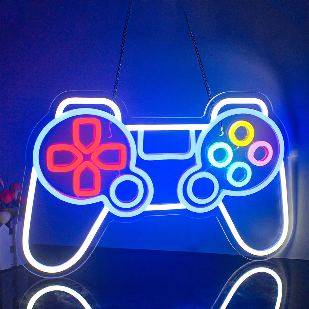 En livlig LED-neonskylt med ordet "Gamer" i fetstil, versaler.