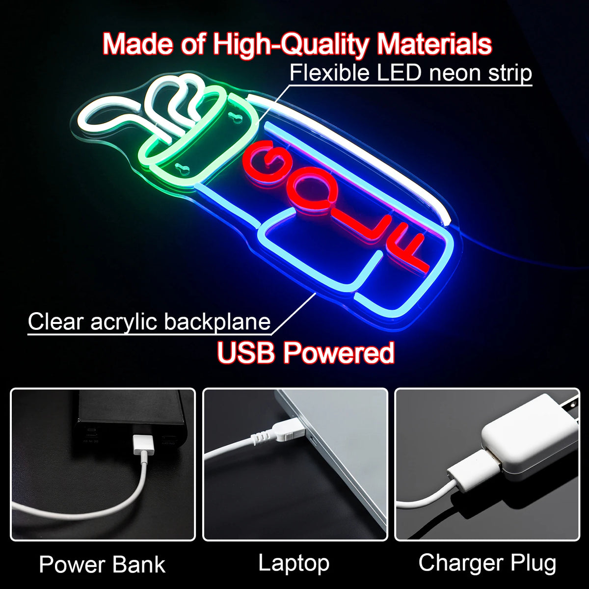Golf 5V Mini USB LED Neonskylt - Budgetvänlig