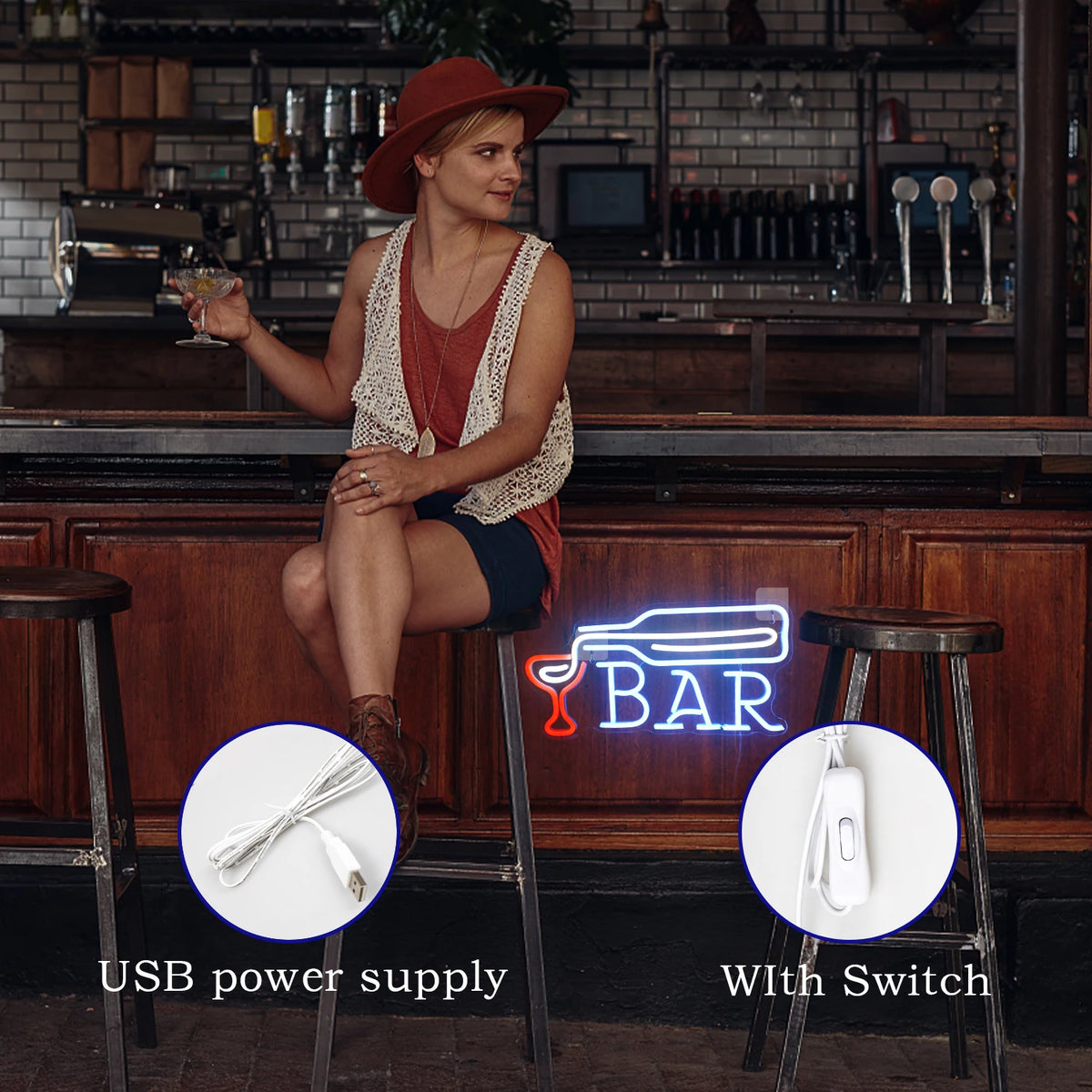 BAR – Vinflaska som häller i ett glas – LED-ljusskylt (5 V USB)