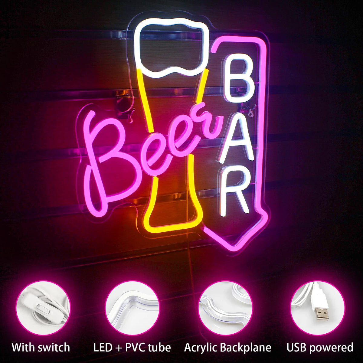 Beer BAR – Ölglas och nedåtpil – LED-ljusskylt (5 V USB)