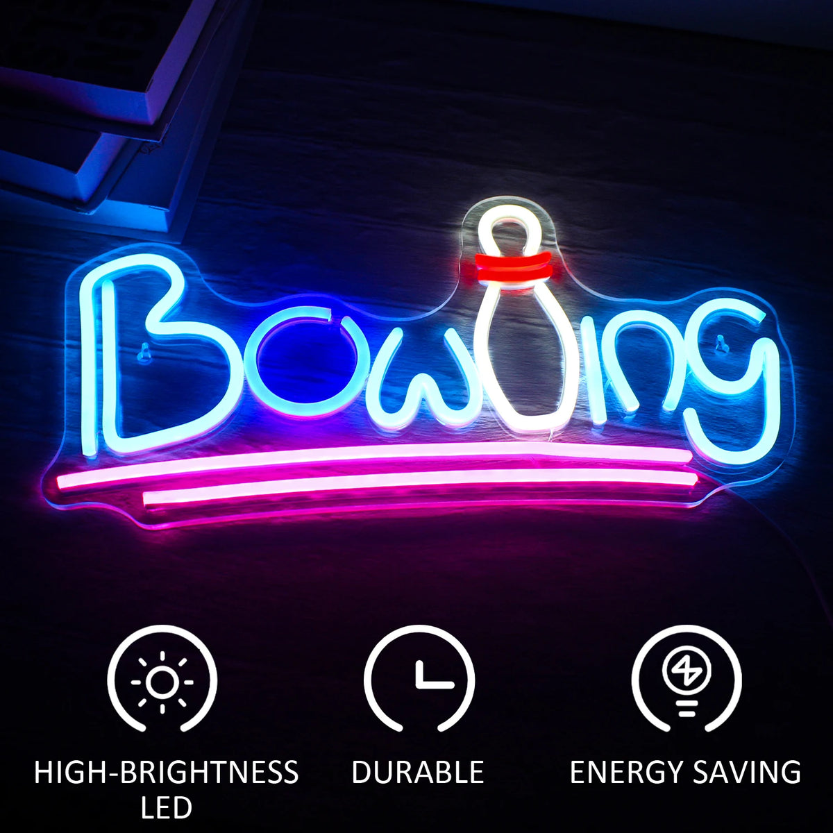 Bowling – Kägla som ersätter en bokstav och understrykningar – LED-neonskylt (5 V USB)
