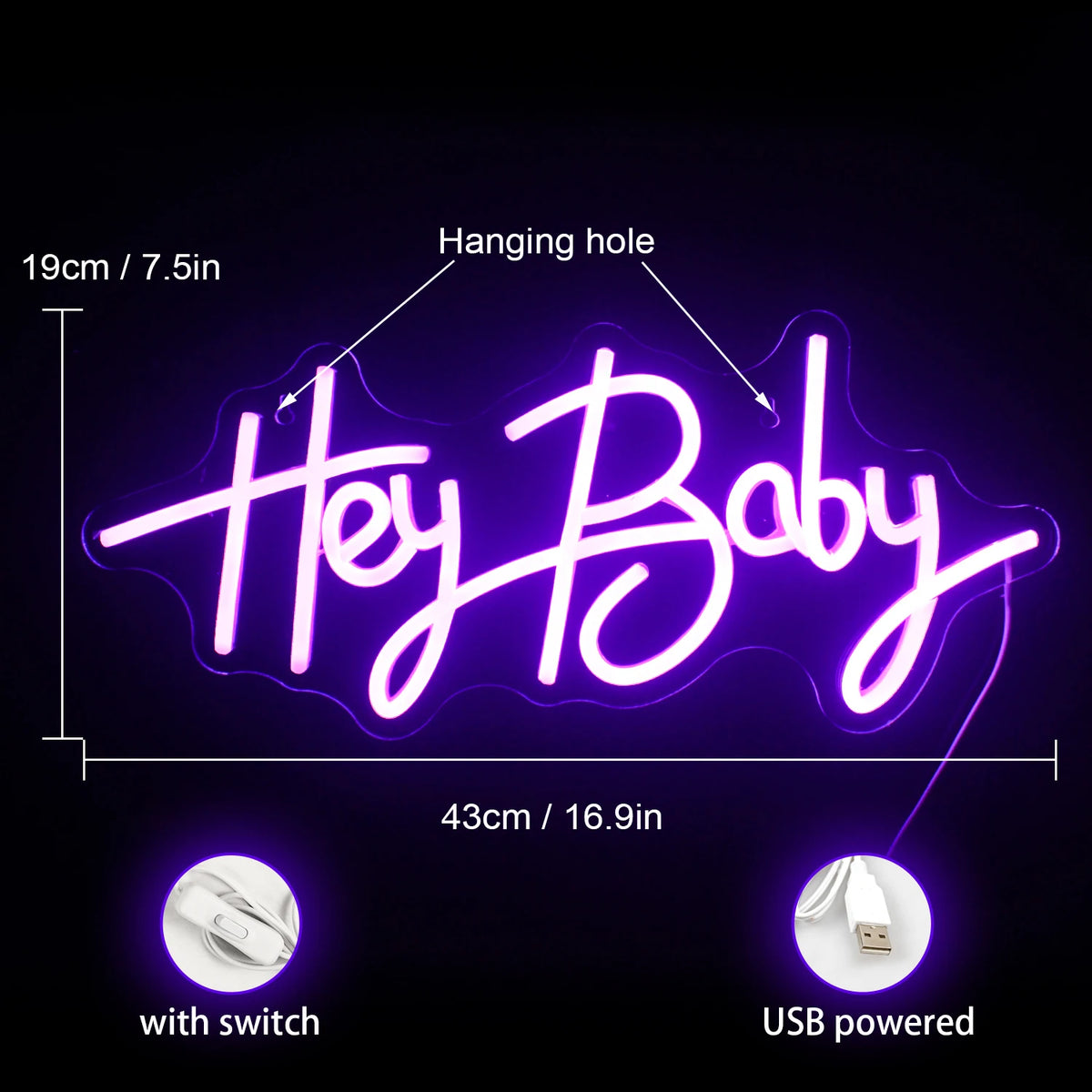 Hey Baby – LED-neonskylt (5 V USB)