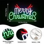 Merry Christmas – Gröna och röda bokstäver med horn – LED-neonskylt (5 V USB)