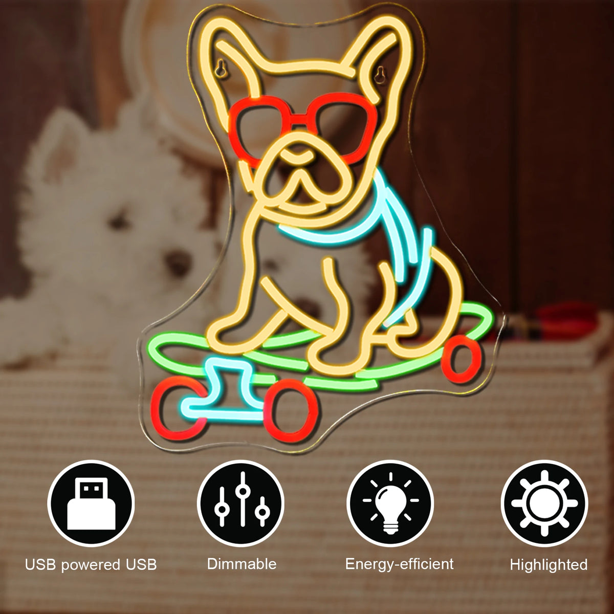Hund på skateboard – LED-neonskylt (5 V USB)