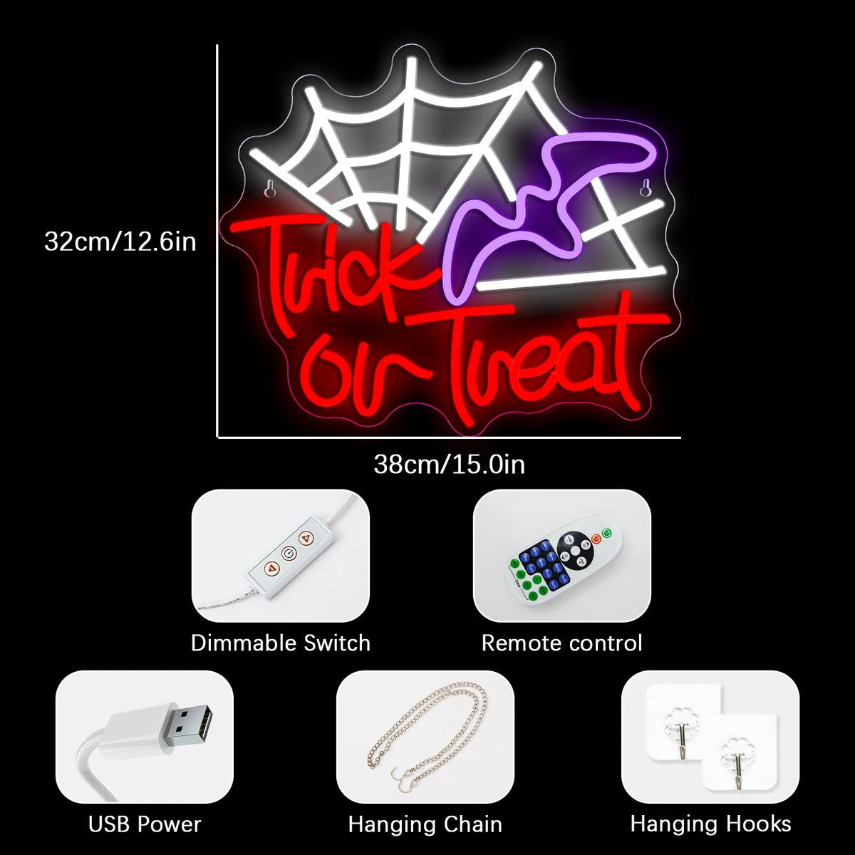 Trick or Treat – Spindelnät och häxhatt – LED-neonskylt (5 V USB)