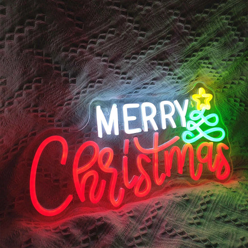 Merry Christmas – Julgran och stjärna – LED-neonskylt (5 V USB)