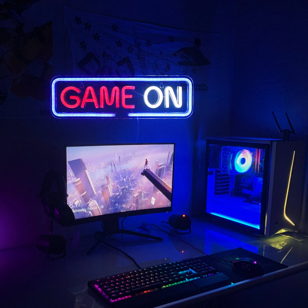 GAME ON – Rundad rektangulär ram – LED-neonskylt (5 V USB)