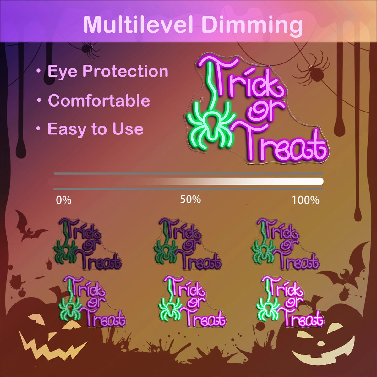 Trick or Treat – Spindel – LED-neonskylt (5 V USB)