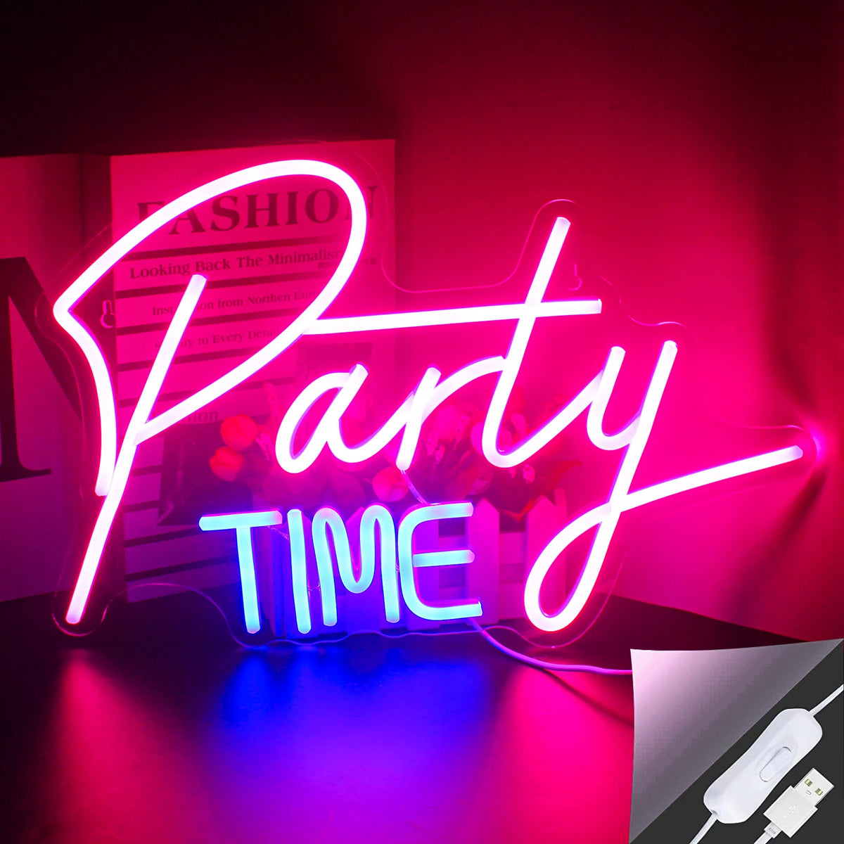 Bilden har en levande LED-neonskylt som stavar "Party Time" i ett lekfullt, kursivt teckensnitt.
