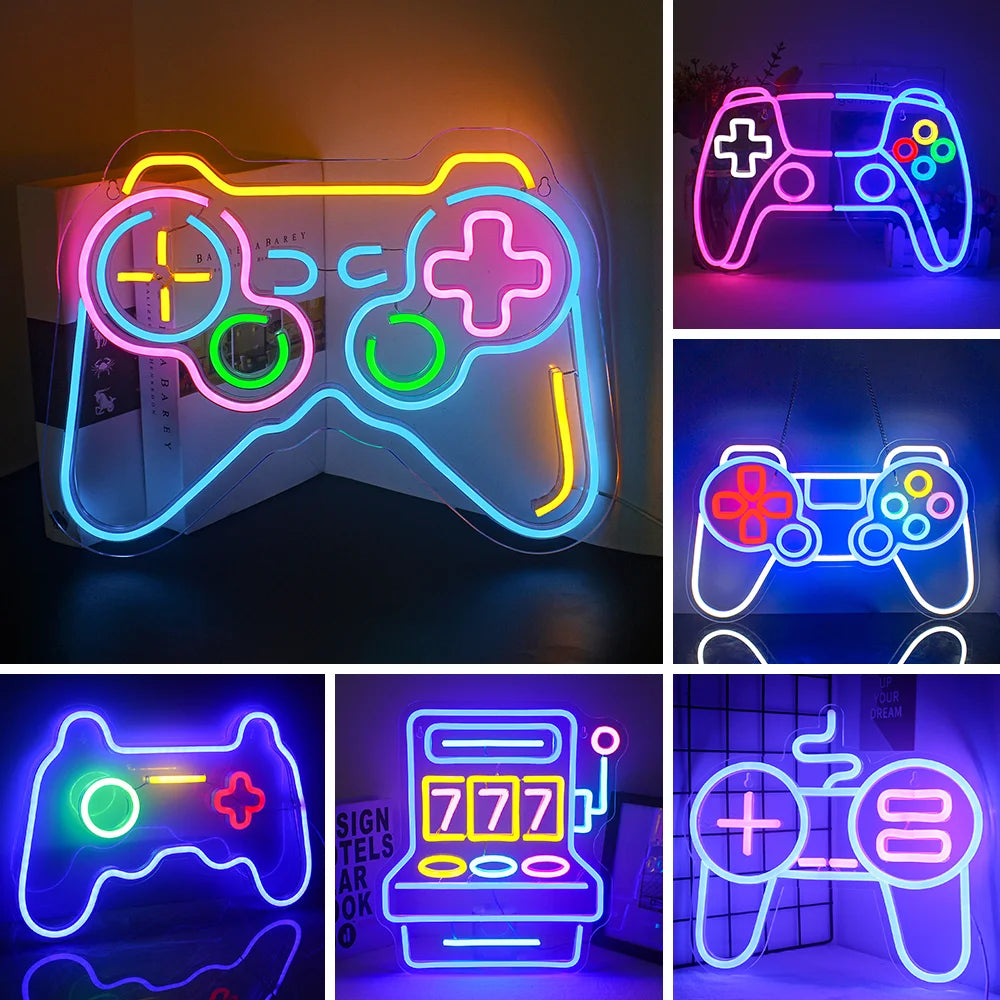 Bilden visar en levande LED-neonskylt i form av en videospelskontroller.