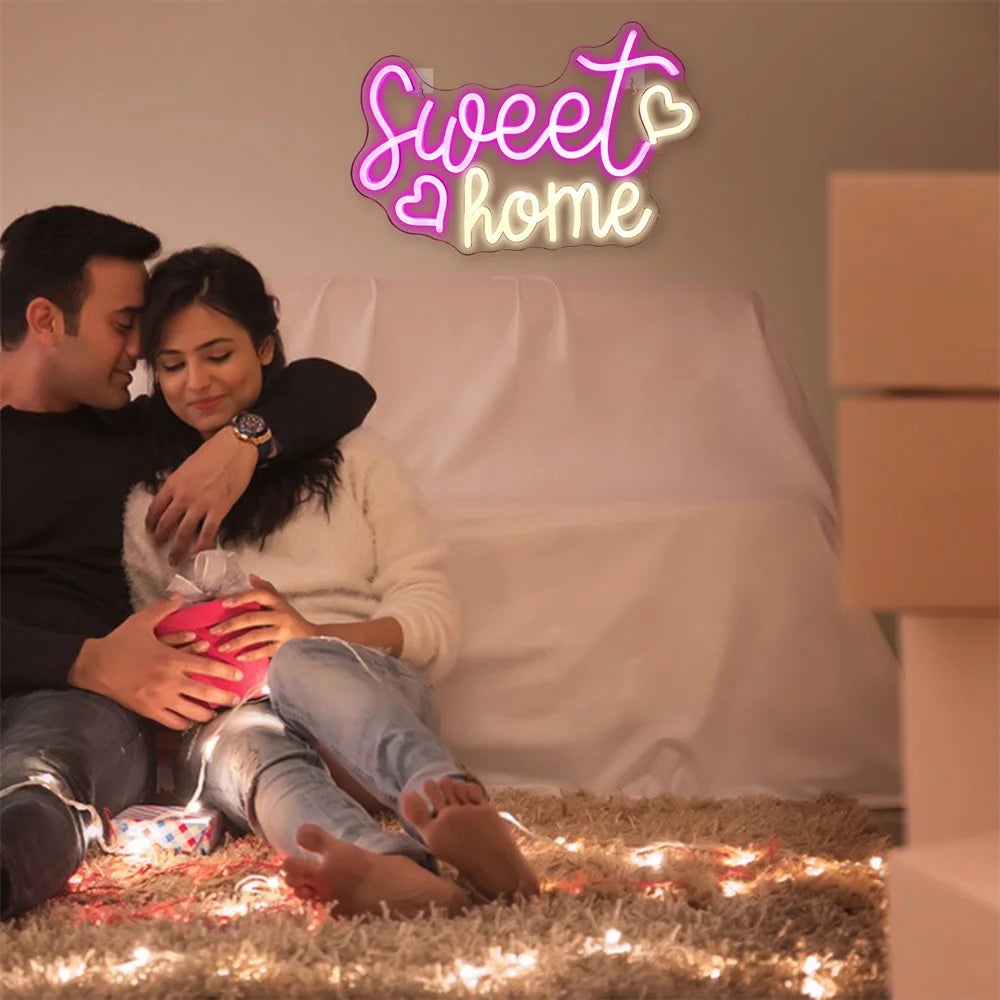 Sweet home – Hjärtan – LED-neonskylt (5 V USB)