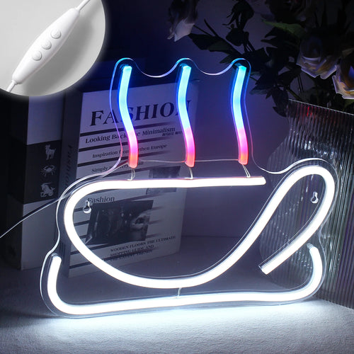 En levande LED neonskylt formad som en rykande kaffekopp.