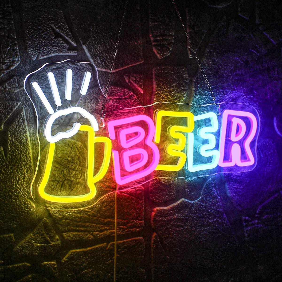 BEER – Ölsejdel och strålar – LED-ljusskylt (5 V USB)