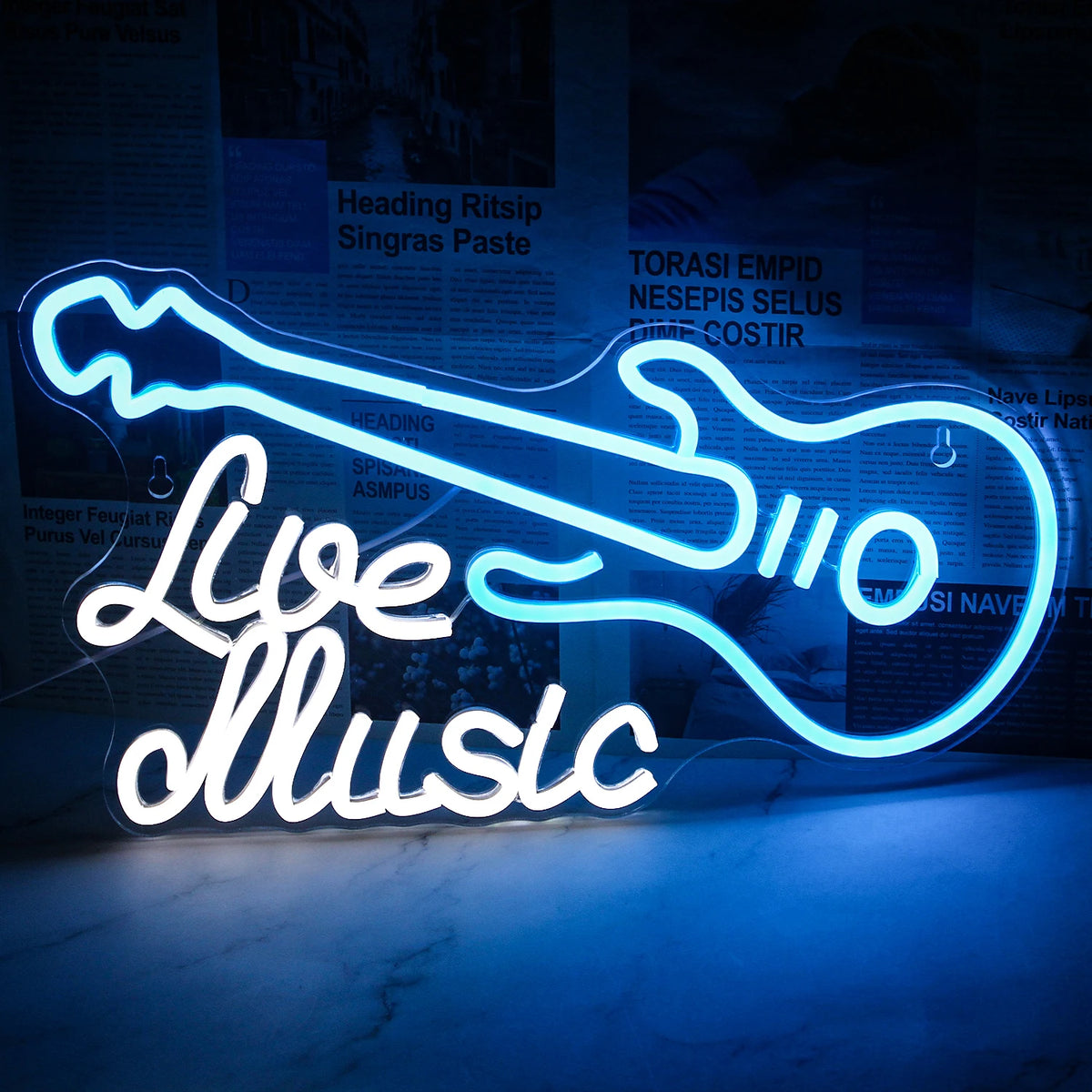 "En livlig LED-neonskylt i form av en elgitarr.