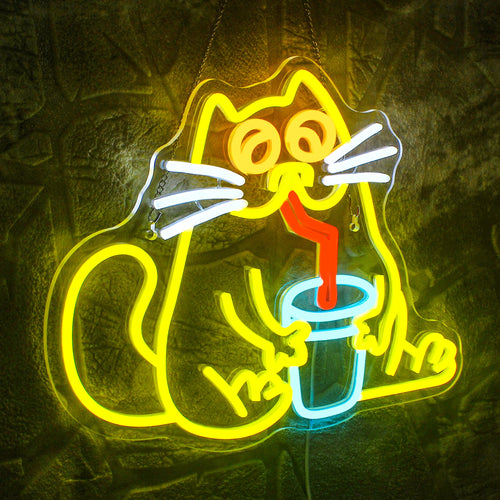 Bilden har en levande och iögonfallande LED-neonskylt formad som en katt.