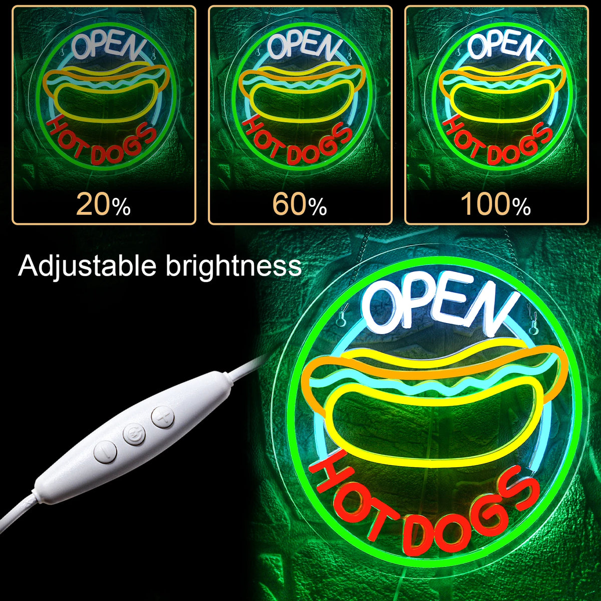 OPEN HOT DOGS – Varmkorv – LED-ljusskylt (5 V USB)