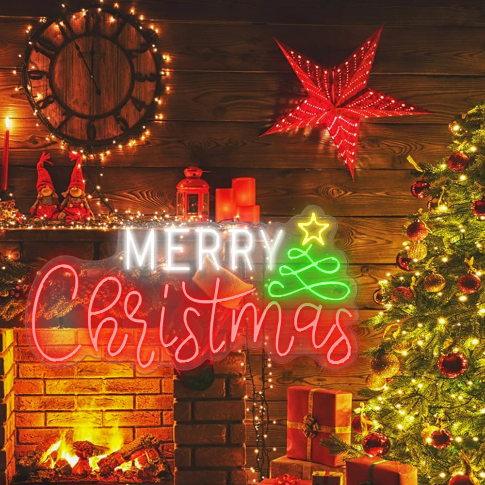 Merry Christmas – Julgran och stjärna – LED-neonskylt (5 V USB)