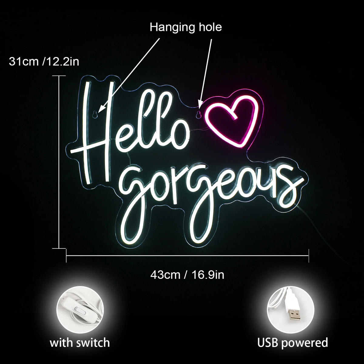 Hello Gorgeous – Hjärta – LED-ljusskylt (5 V USB)