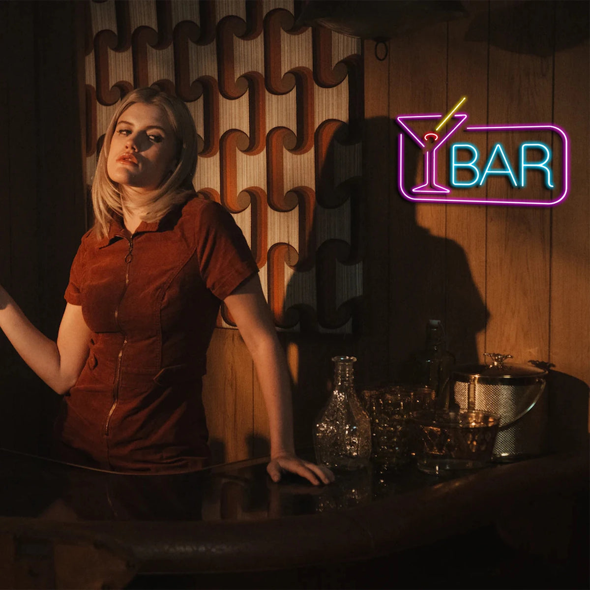 BAR – Cocktailglas och rektangulär kant – LED-ljusskylt (5 V USB)