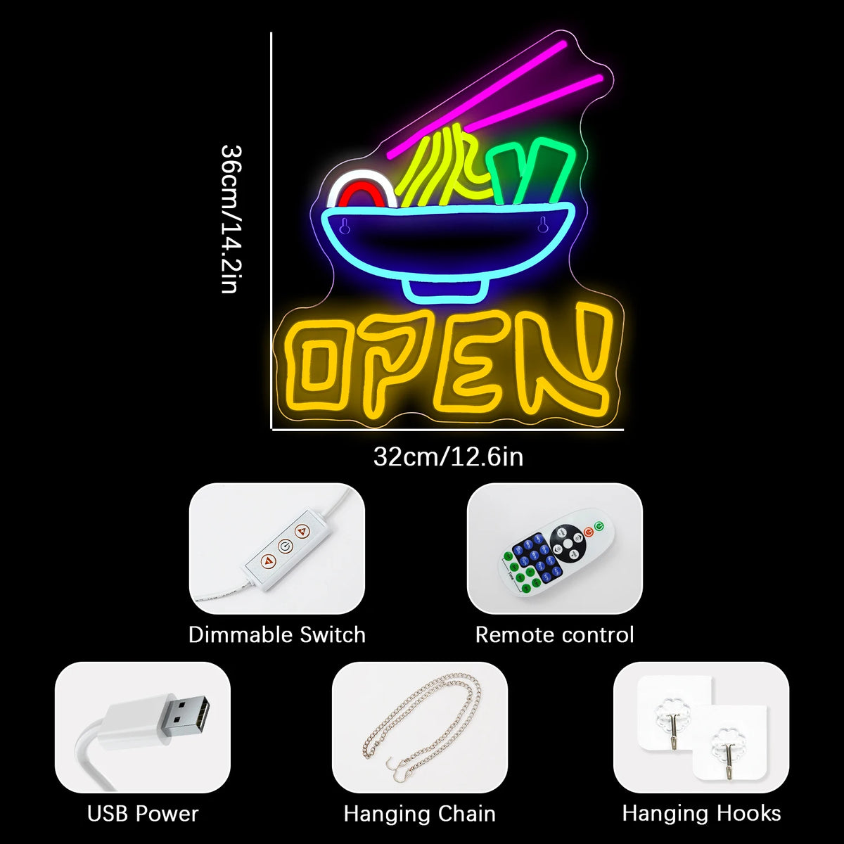 OPEN – Ramenskål och ätpinnar – LED-ljusskylt (5 V USB)