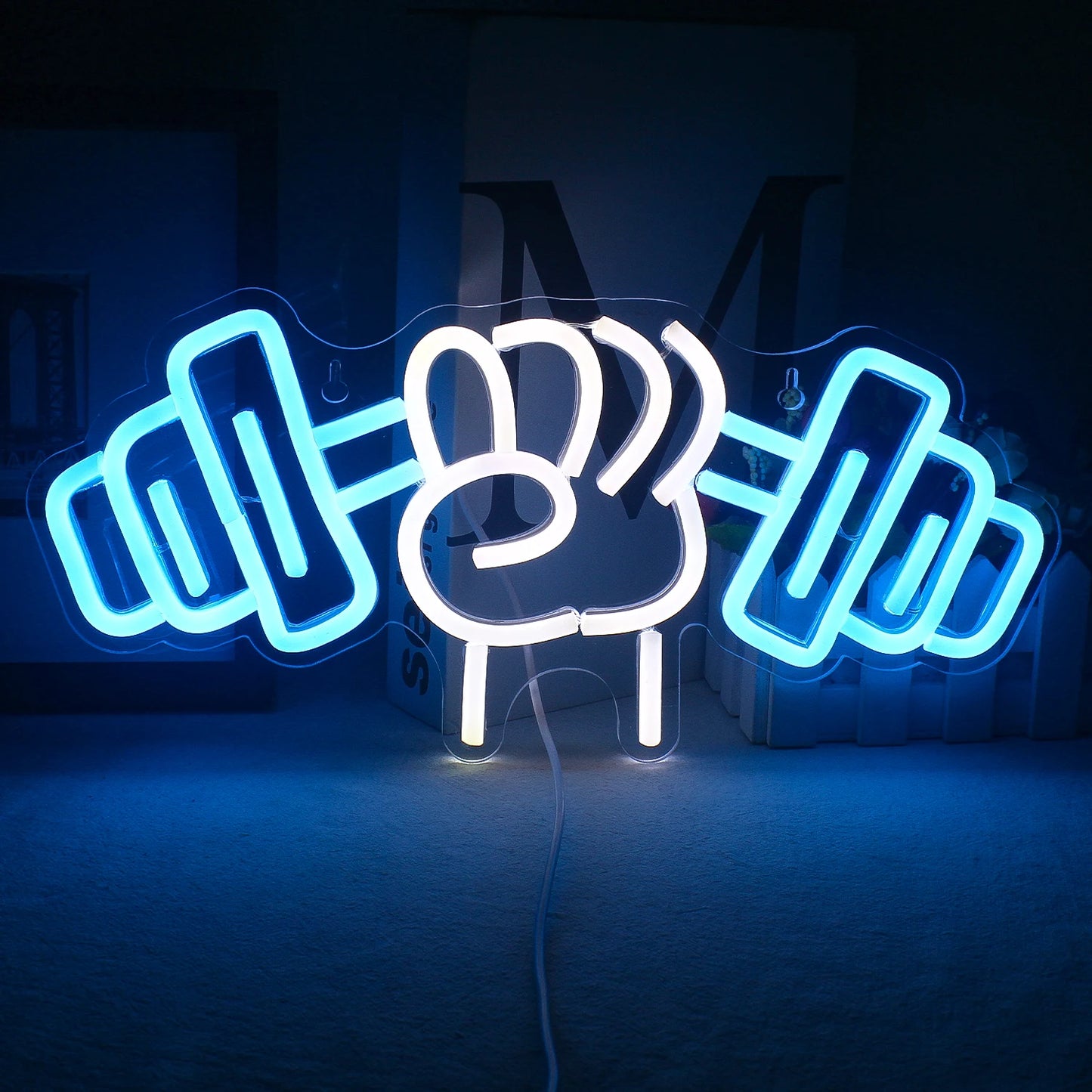 Bilden har en levande LED-neonskylt designad i form av ett tyngdlyftande skivstångsmotiv.