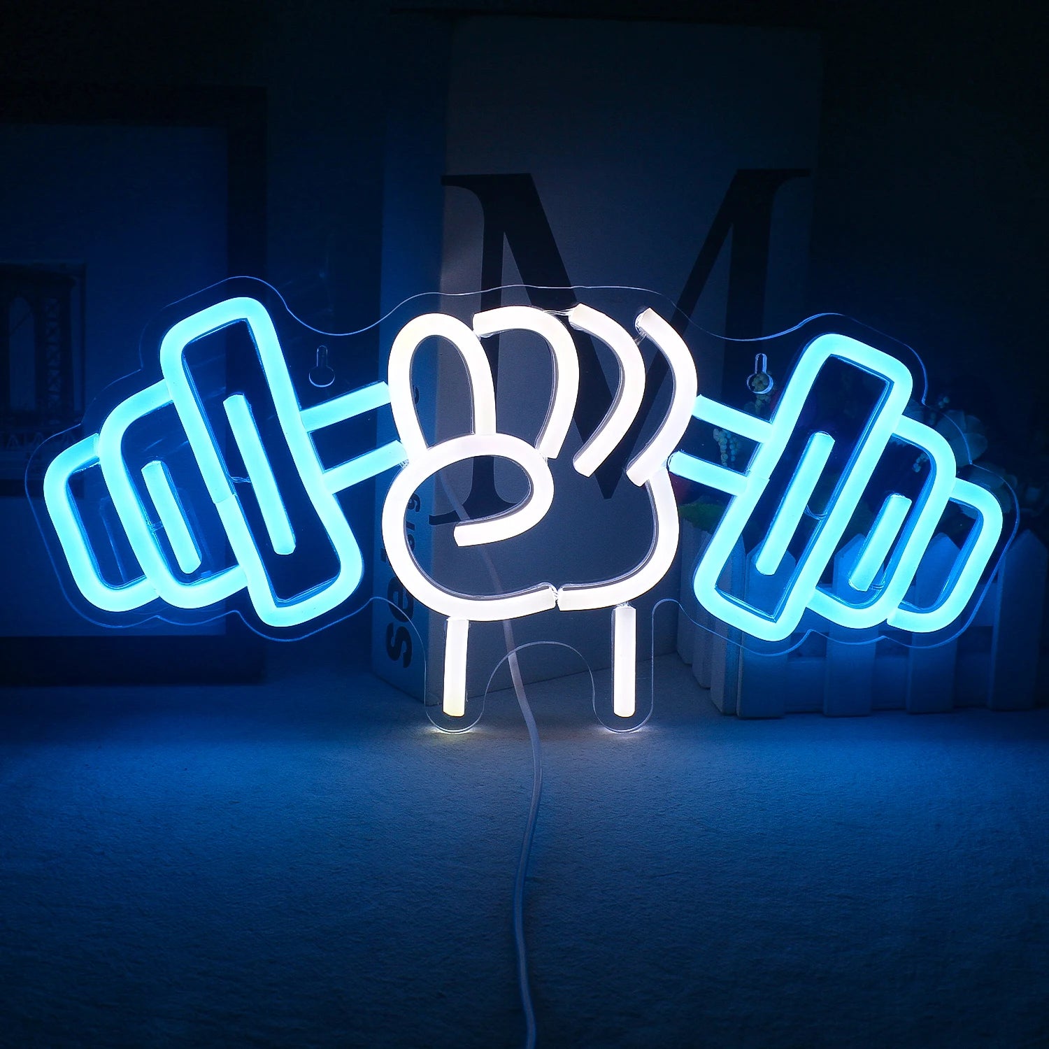Bilden har en levande LED-neonskylt designad i form av ett tyngdlyftande skivstångsmotiv.
