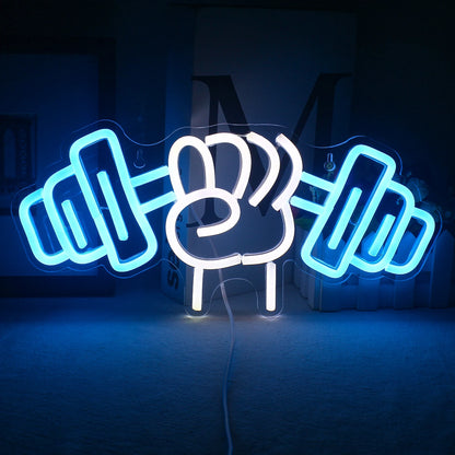 Bilden har en levande LED-neonskylt designad i form av ett tyngdlyftande skivstångsmotiv.