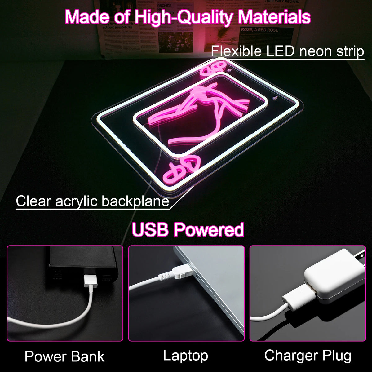 Damkort med kvinnosilhuett och hjärter – LED-neonskylt (5 V USB)