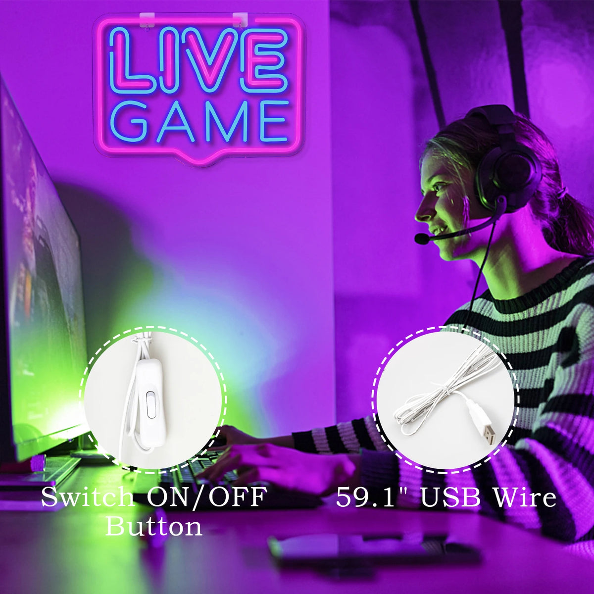 LIVE GAME – Rektangulär ram – LED-neonskylt (5 V USB)