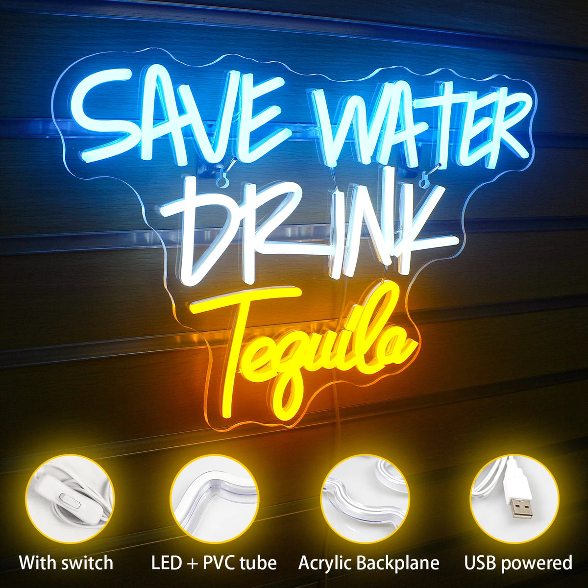 Save Water Drink Tequila – LED-ljusskylt (5 V USB)