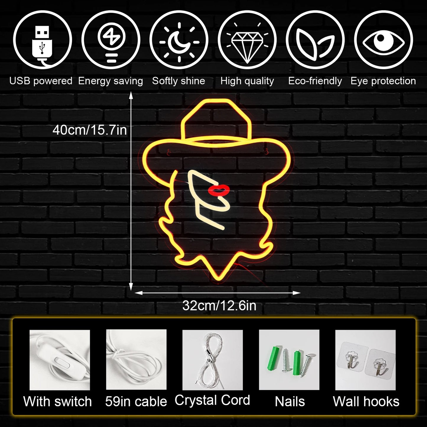 Cowboy Girl Hattar 5V USB LED Ljusskylt - Prisvärd