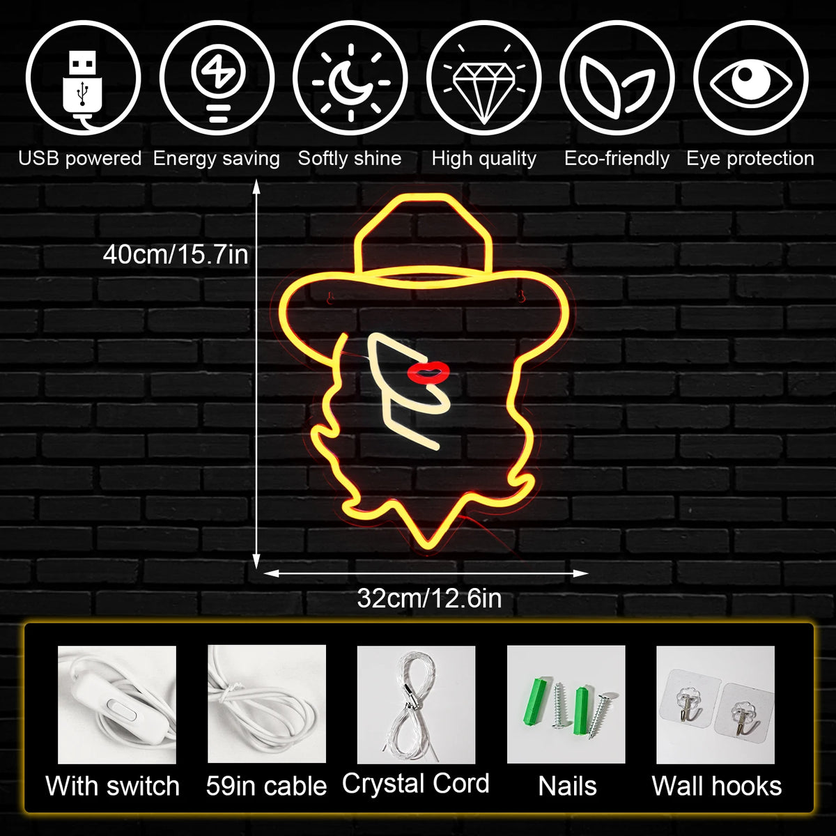 Cowboy Girl Hats 5V USB LED Neon Sign - Budget Friendly